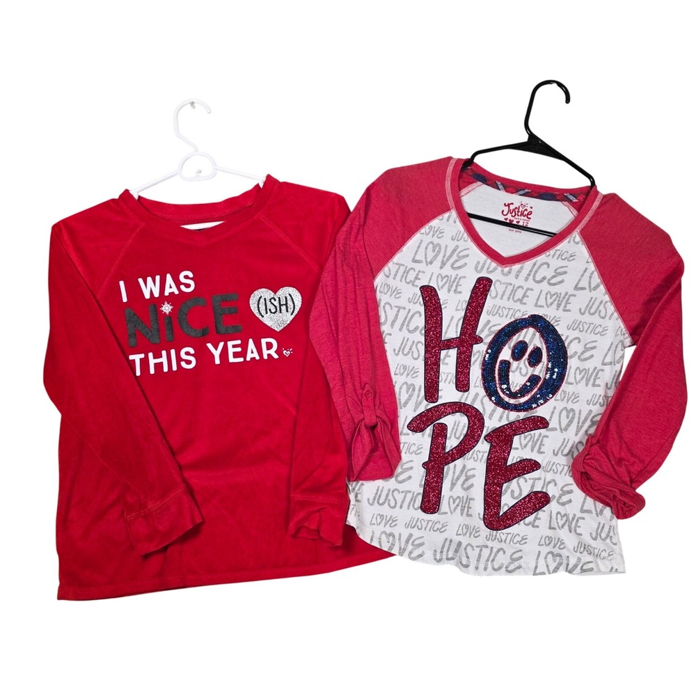 Justice Graphic Tops Girls Size 12 Red White Fair Christmas Hope Sequin 2pc